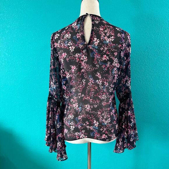 Misa Los Angeles Divya Top Purple Floral Blouse Long Bell Sleeve Chiffon Size S - Picture 6 of 8